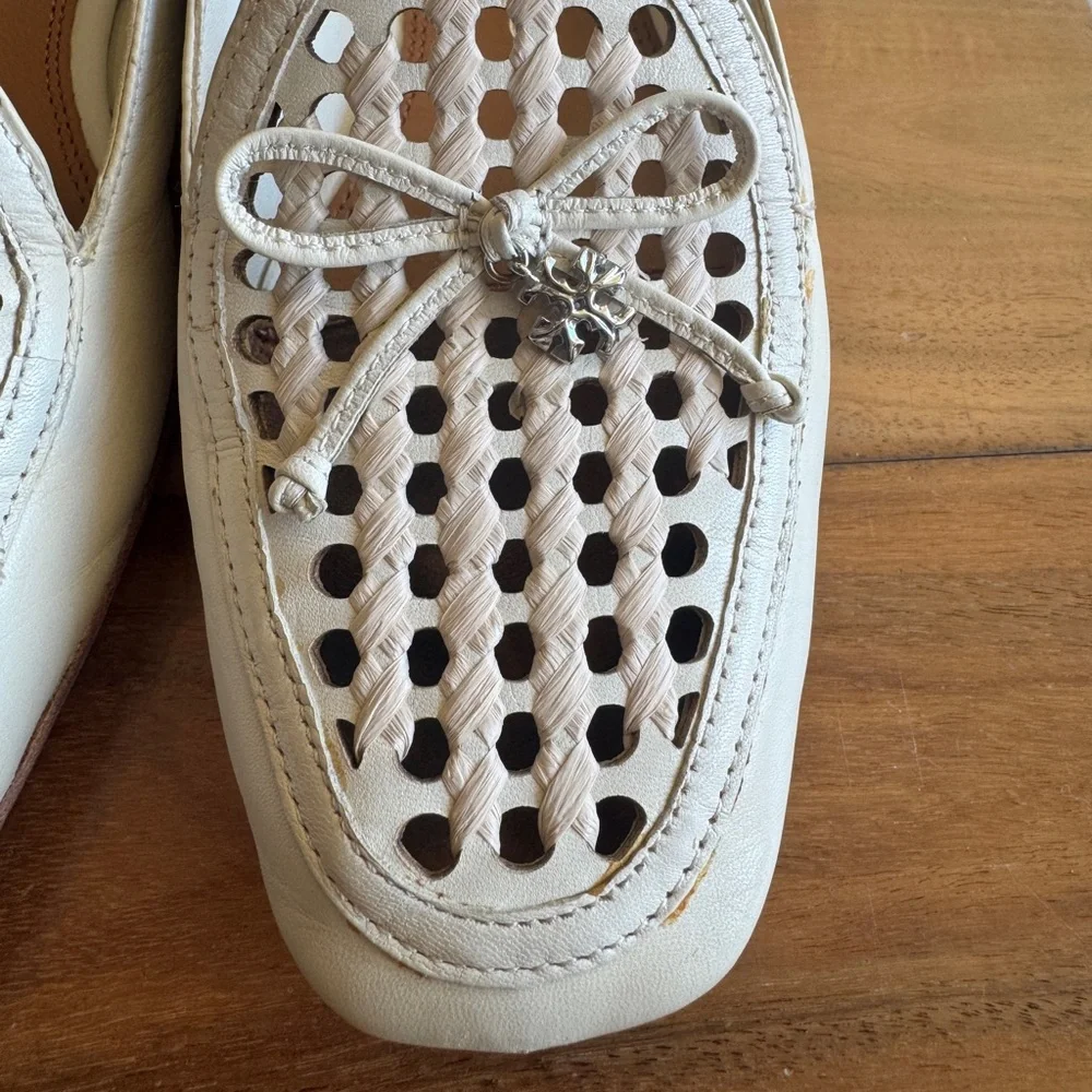 Tory Burch Cream Perforated Leather Loafers with Bow - Picture 2 of 7